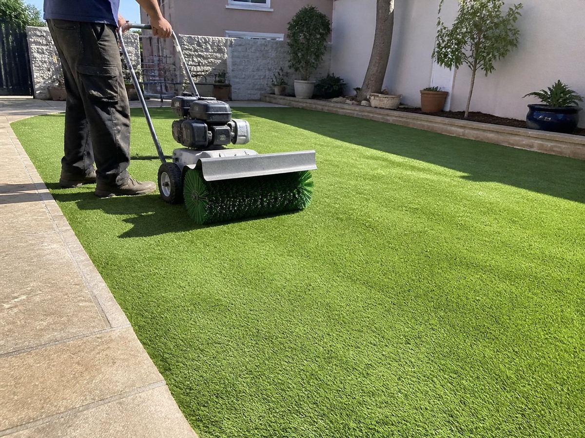 Césped artificial terminado en una zona exterior de uso diario