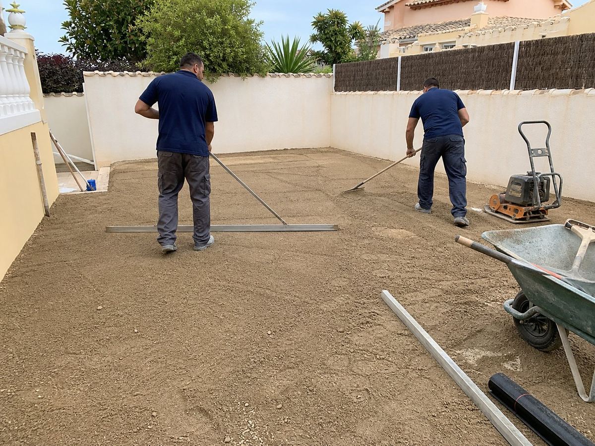 Equipo preparando y nivelando el terreno